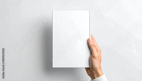 Hand holds a blank white rectangular box against a white background