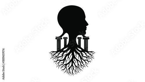 Silhouette of a head merging with ancient pillars and roots, symbolizing deep thought and foundational knowledge.