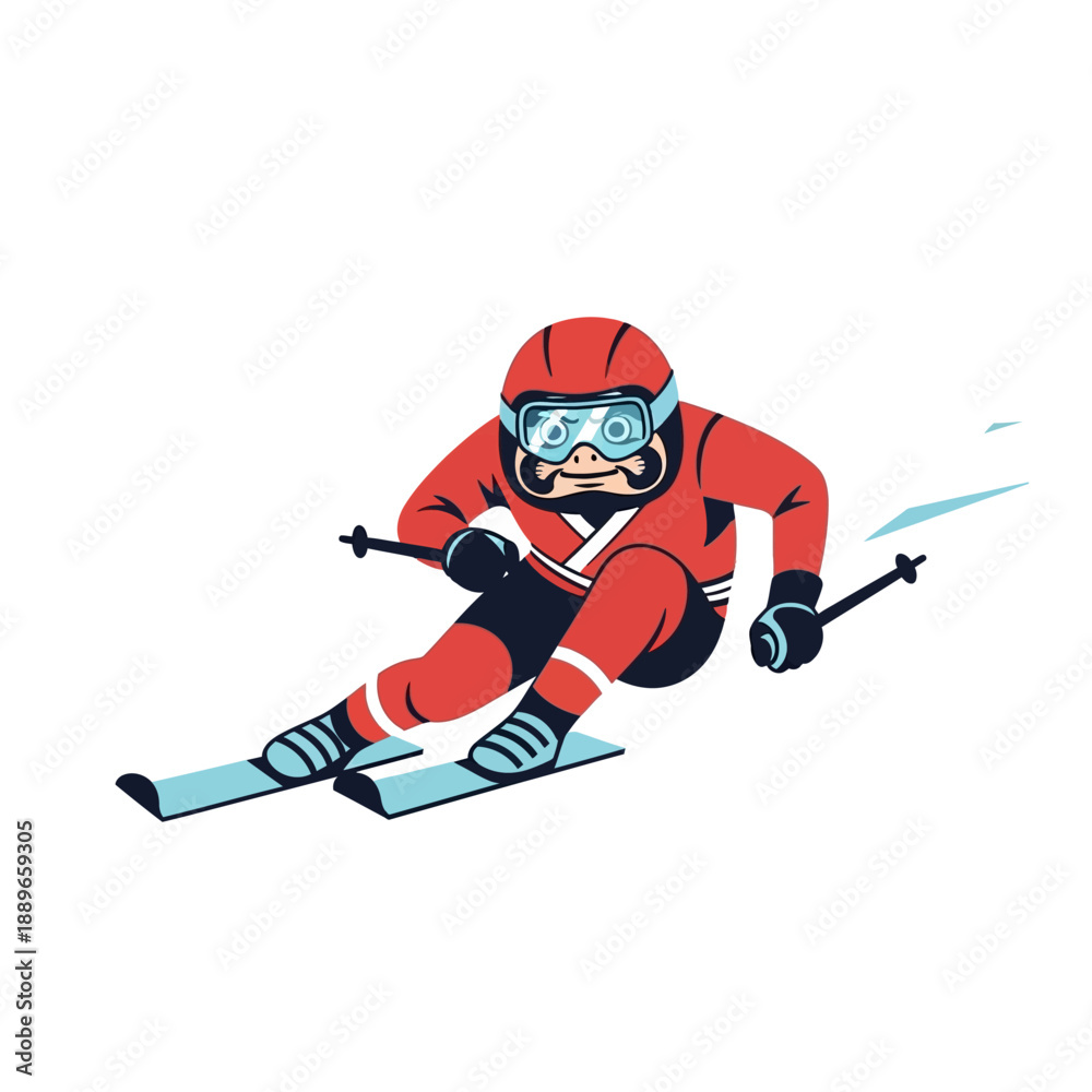 Obraz premium Cartoon skier in red suit racing down a slope, dynamic action shot.
