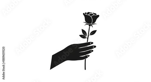 A hand holding a rose in a minimalist illustration style from a straightforward viewpoint