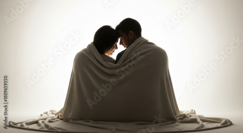 Couple Sitting Together Wrapped in Blanket from Behind View