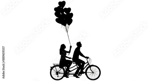 Romantic silhouette of a happy couple cycling on a tandem bicycle, carrying heart-shaped balloons, symbolizing love, togetherness, and shared journey through life