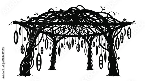 Enchanting silhouette of a whimsical gazebo entwined with vines and adorned with hanging decorative elements.