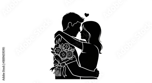 Couple kissing with flowers in a romantic gesture, silhouette illustration