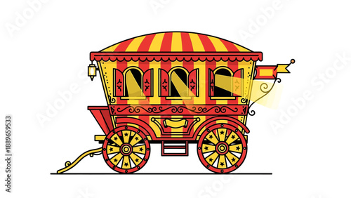 Vibrant red and yellow striped circus wagon with ornate details and large wheels on display