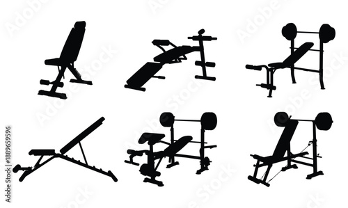 Gym Equipment Silhouette Set with Weight Bench and Strength Training Machines in Various Angles Isolated on White Background
