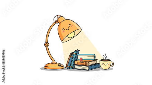 Cozy study setup with lamp books and steaming cup of coffee on a table indoors