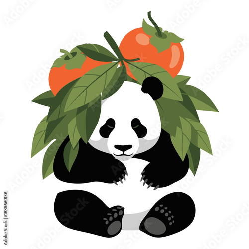 Cute Panda Bear Resting Under Persimmon Tree Leaves and Fruits Illustration