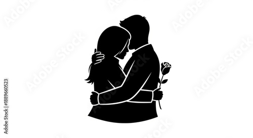 Illustration of embracing couple sharing tender kiss with rose