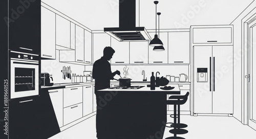 Silhouette of a person cooking in a modern kitchen interior.