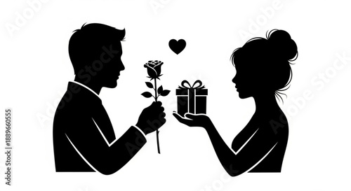 Man giving a rose and receiving a gift from woman in silhouette illustration