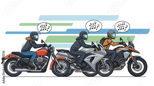 Motorcyclists riding in sync with music on helmets enjoying freedom and friendship on bikes