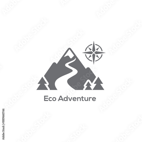 Minimalist eco adventure logo featuring mountain peak with winding path pine trees and compass for travel nature exploration branding.
