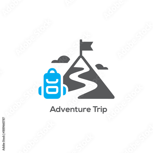 Adventure trip logo design featuring mountain with path flag and blue backpack icon for travel camping and outdoor exploration.
