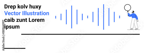 Person analyzing blue audio waveforms bars alongside placeholder text elements. Ideal for sound design, music apps, audio editing, tech solutions, app interfaces, creative visuals, simple landing