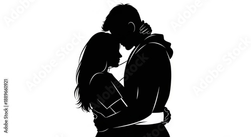 Silhouette of a tender couple embracing, sharing a romantic moment, standing closely together, viewed from the side
