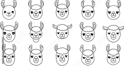Cute and funny llama face vector icons – cartoon alpaca head illustrations with various expressions for stickers, logos, or designs