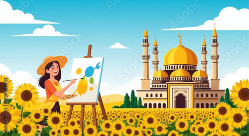 Woman painting on an easel outside.