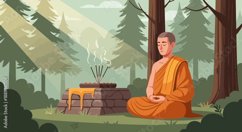 Buddhist monk meditating in forest.