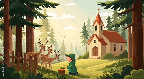 Child in green hood walking towards church.