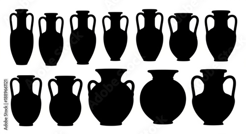 Collection of ancient pottery silhouettes arranged in rows on a clean background