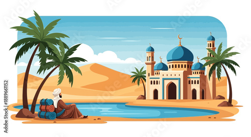 Desert Mosque with Blue Domes Architecture.