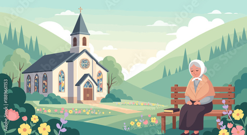 Elderly Woman Sitting on Bench Outdoors.