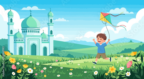 Happy child playing with colorful kite.