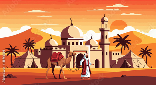 Man and woman walking with camel.