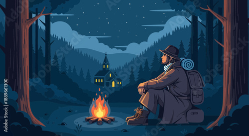 Man sitting by campfire at night.