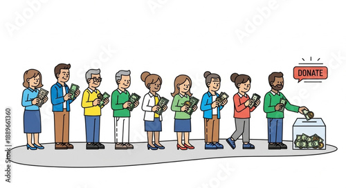 People Standing In Line Holding Money To Donate.