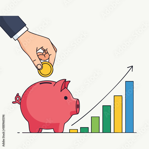 Saving money into a piggy bank with a financial growth chart, an illustration emphasizing smart investment for future prosperity and wealth