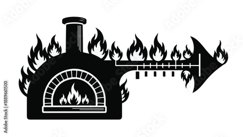 Fiery pizza oven creating a directional arrow shape with flames