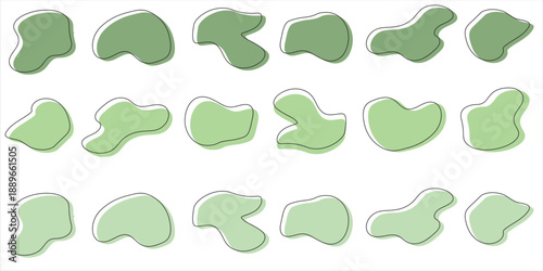 Set of blob shape collection with different style. Irregular round blot form green color graphic element. Random oval pebble symbol. Vector Illustration.EPS10