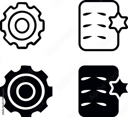 Minimalist Cog Wheel and Starry Document Icon Set in Outline and Solid Styles