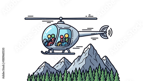 Helicopter flying over mountains with passengers inside scenic aerial view adventure tourism mountainous landscape