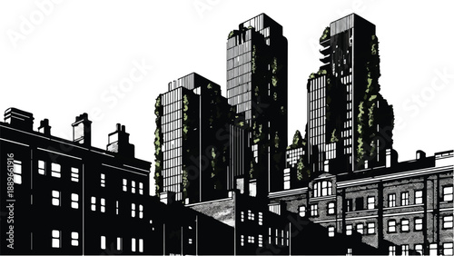 Modern high-rise buildings emerge from a dense urban landscape with vintage architecture.