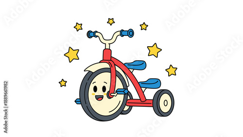Happy cartoon tricycle with smiling face and stars around it on white background red frame blue grips and seat
