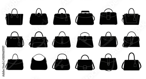 Handbag Silhouette Icon Set: Various Women's Purse and Tote Bag Shapes