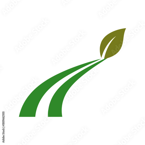A stylized green leaf emerging from a curving path, symbolizing growth, nature, and environmental progress.