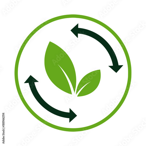 A circular icon featuring two green leaves and two curved arrows indicating a cycle or renewal process.