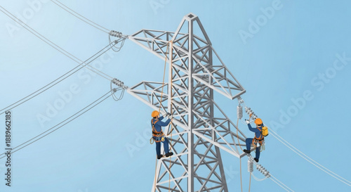 Isometric Power Transmission: Utility Workers Maintaining High Voltage Lines