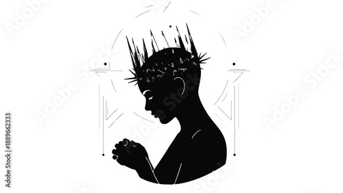 Silhouette of a person in prayer wearing a crown of thorns, symbolizing faith and sacrifice.