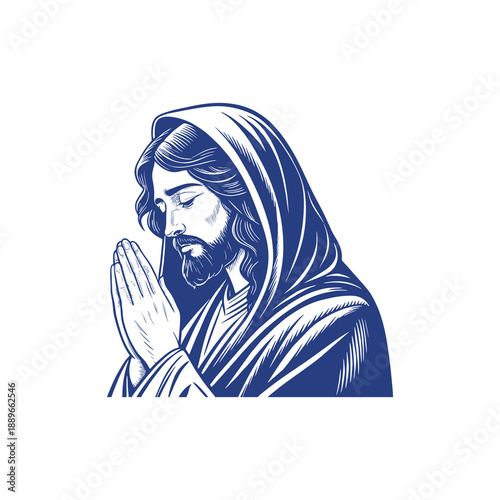 Jesus Christ praying with hands clasped in devotion.
