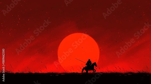 Dramatic silhouette of a medieval warrior on horseback against a fiery red sunset