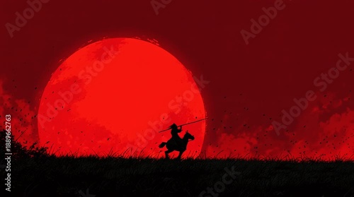 Lone Warrior Silhouette Riding Horse Against Giant Red Blood Moon Sunset