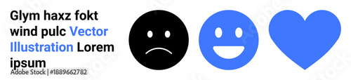 Emotional expression, feelings, feedback, communication, social interaction, and positivity. Features a sad face, happy face and heart in black and blue. Emotional expression and feelings concept