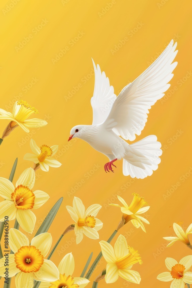 Fototapeta premium Dove flying among daffodils for saint david's day celebration and greeting card design. Flat illustration. Vertical banner. Copy space. Template for first communion, baptism, wedding invitation, card