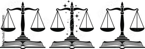 Justice scale illustration, law symbol, open book, black and white, legal icon, magical theme, symmetrical design, ribbon detail, sparkles effect, balanced pans, courtroom concept