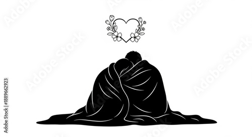 Illustration of a couple embracing with a heart-shaped floral wreath above them